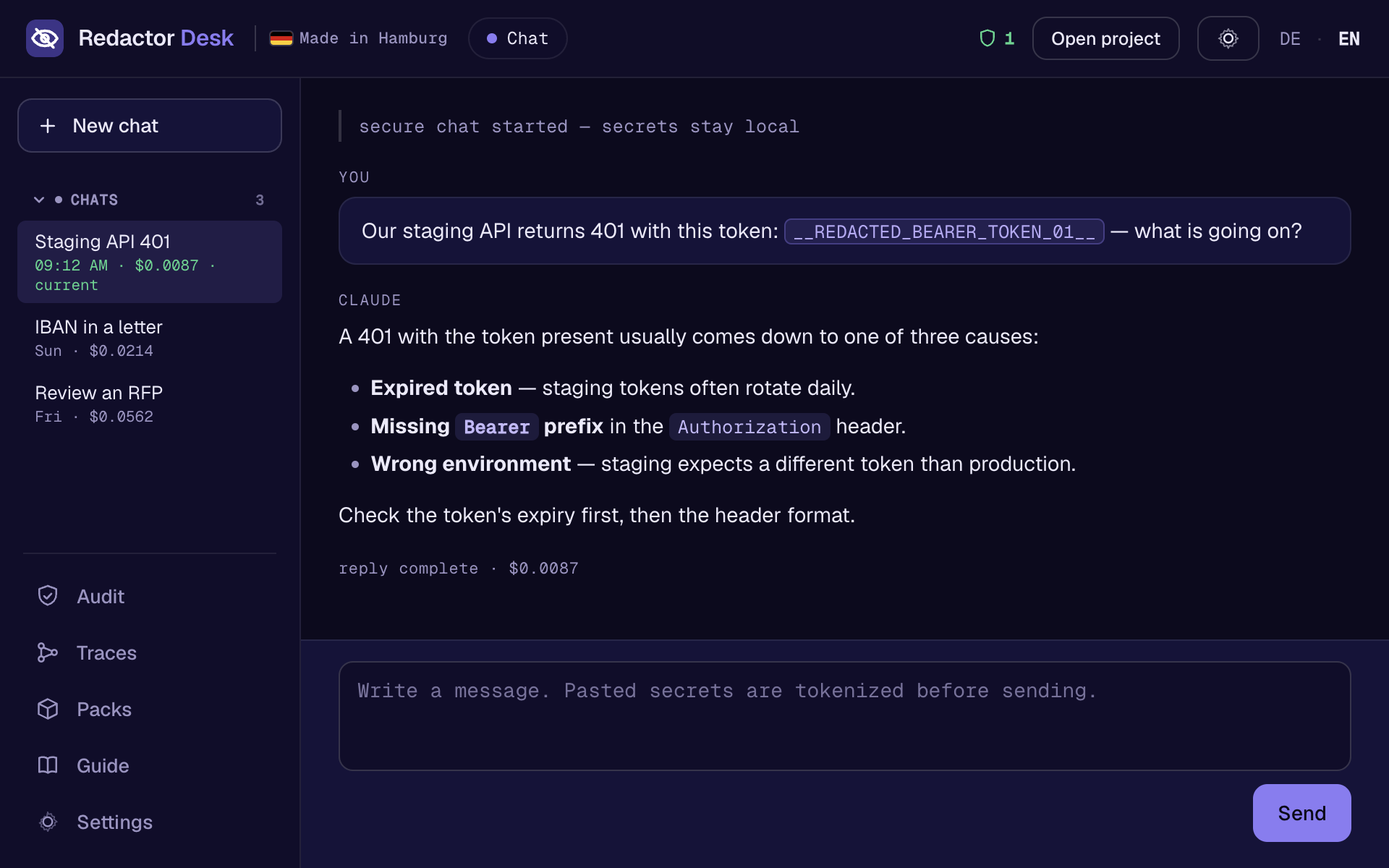 Redactor Desk chat view: a pasted bearer token appears only as a placeholder; the header counts one locally protected value.